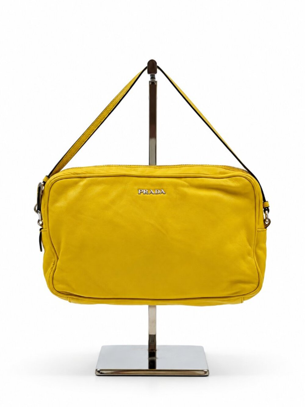 Prada Yellow Leather Shoulder Bag Mini Baguette Silver Logo Vintage Y2K